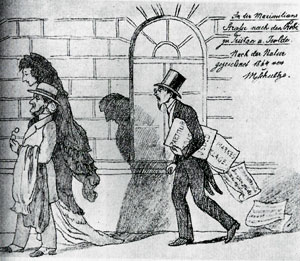Wagner mit Cosima, dahinter ihr Mann Hans von Bülow nach der Probe von “Tristan und Isolde” in der Münchner Maximilianstraße (1864)