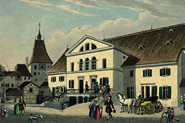 Das Aktientheater, heute Opernhaus, vor dem Brand (Franz Hegi 1839)
